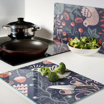 Planche à découper verre Oiseaux et fruits dans un style folklorique