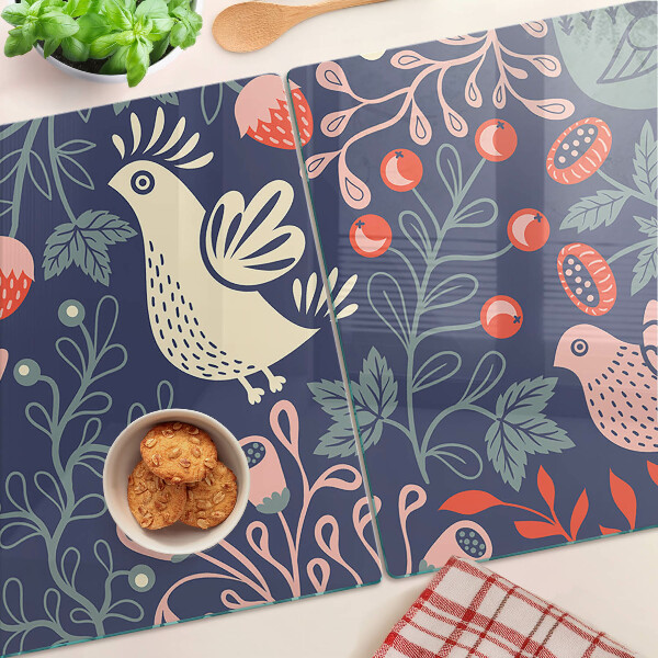 Planche à découper verre Oiseaux et fruits dans un style folklorique