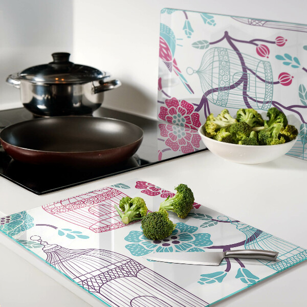 Planche à découper en verre Cages à oiseaux et à fleurs