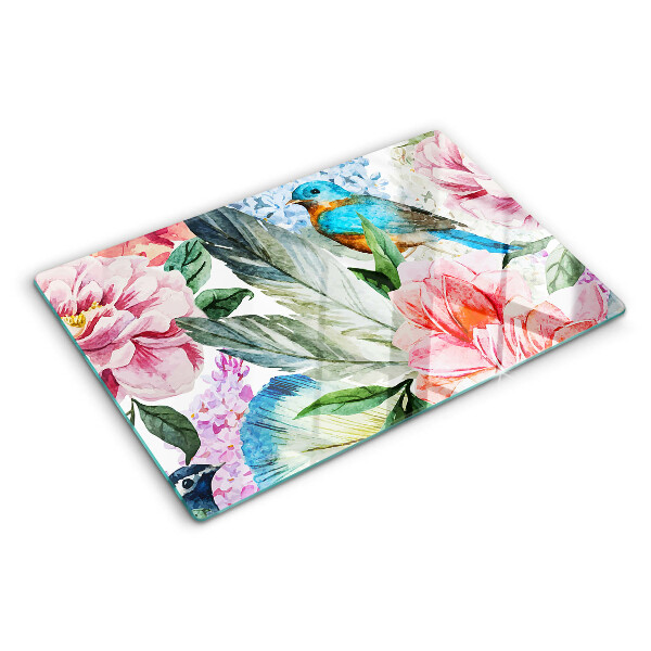 Planche à découper en verre Fleurs et oiseaux à l'aquarelle