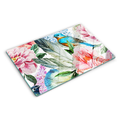 Planche à découper en verre Fleurs et oiseaux à l'aquarelle