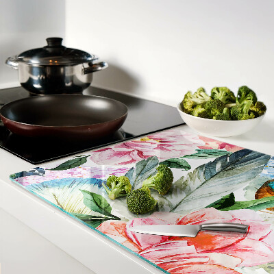 Planche à découper en verre Fleurs et oiseaux à l'aquarelle