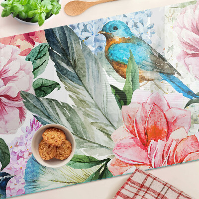 Planche à découper en verre Fleurs et oiseaux à l'aquarelle