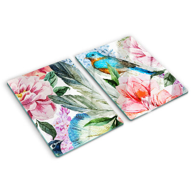 Planche à découper en verre Fleurs et oiseaux à l'aquarelle
