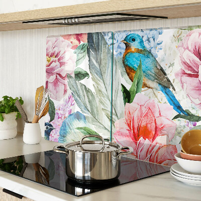 Planche à découper en verre Fleurs et oiseaux à l'aquarelle