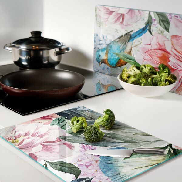 Planche à découper en verre Fleurs et oiseaux à l'aquarelle
