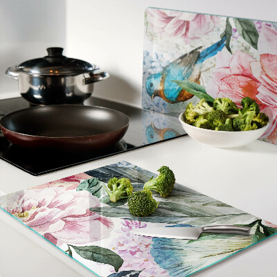 Planche à découper en verre Fleurs et oiseaux à l'aquarelle
