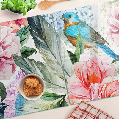 Planche à découper en verre Fleurs et oiseaux à l'aquarelle