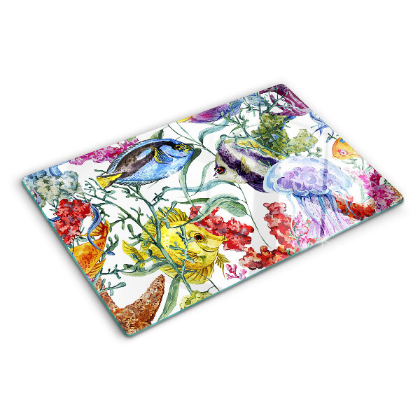 Planche à découper en verre Thème de la mer avec des poissons et des méduses