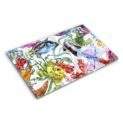 Planche à découper en verre Thème de la mer avec des poissons et des méduses
