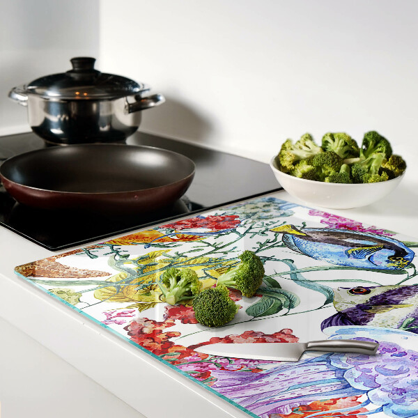 Planche à découper en verre Thème de la mer avec des poissons et des méduses