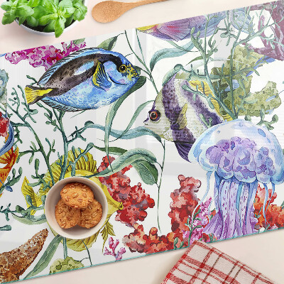 Planche à découper en verre Thème de la mer avec des poissons et des méduses