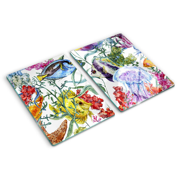 Planche à découper en verre Thème de la mer avec des poissons et des méduses