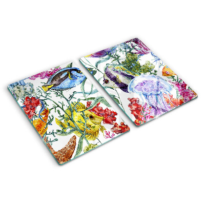 Planche à découper en verre Thème de la mer avec des poissons et des méduses