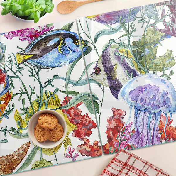 Planche à découper en verre Thème de la mer avec des poissons et des méduses