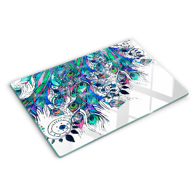 Planche à découper verre Plumes de paon en vert et bleu