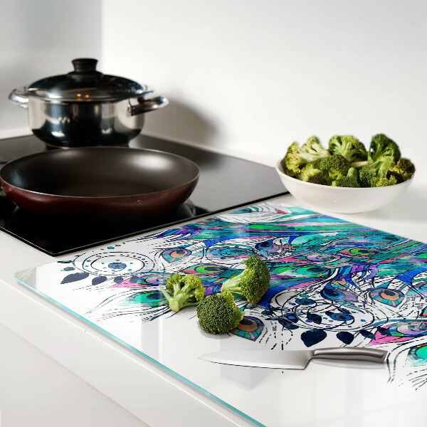 Planche à découper verre Plumes de paon en vert et bleu