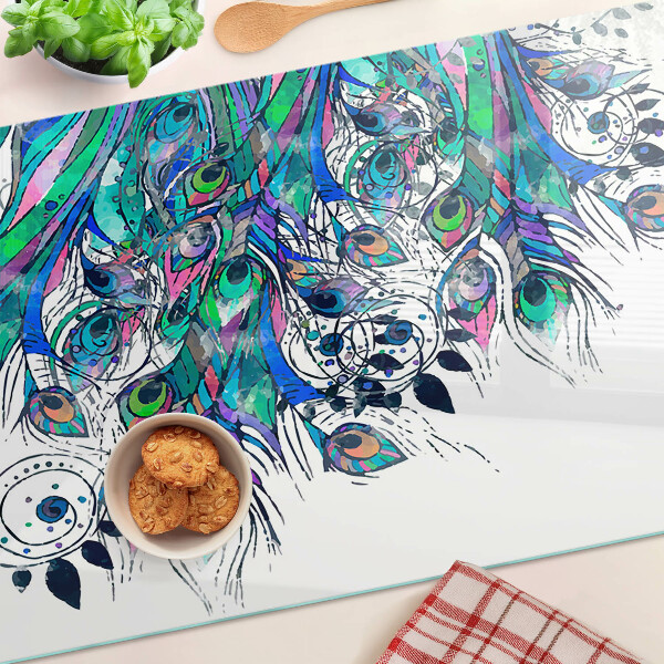 Planche à découper verre Plumes de paon en vert et bleu