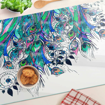 Planche à découper verre Plumes de paon en vert et bleu