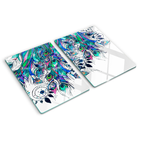 Planche à découper verre Plumes de paon en vert et bleu