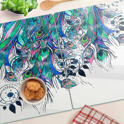 Planche à découper verre Plumes de paon en vert et bleu