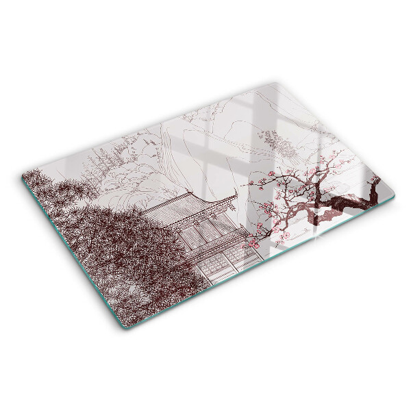 Planche à découper verre Paysage de montagne avec des arbres en fleurs