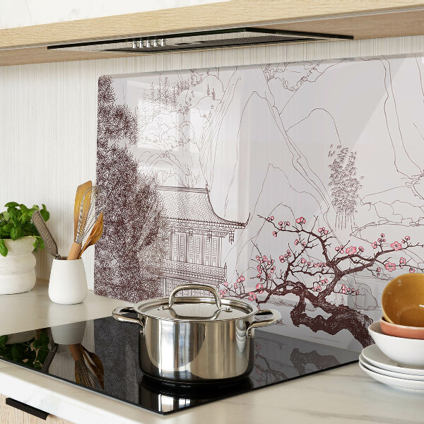 Planche à découper verre Paysage de montagne avec des arbres en fleurs