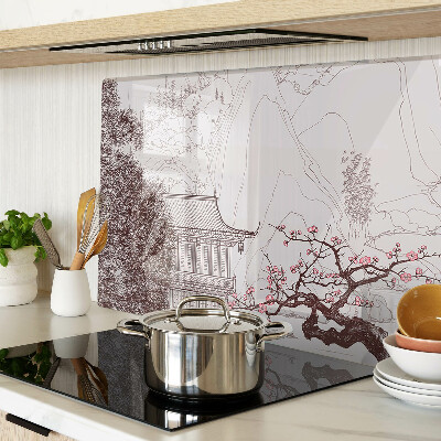 Planche à découper verre Paysage de montagne avec des arbres en fleurs