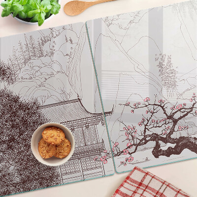 Planche à découper verre Paysage de montagne avec des arbres en fleurs