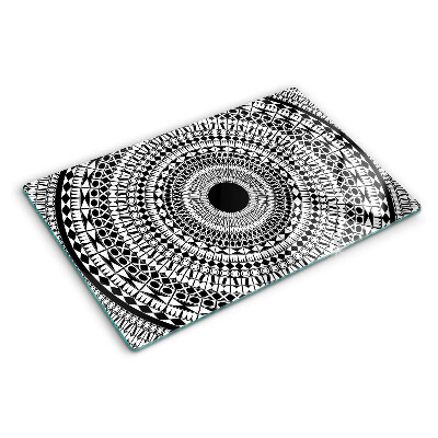 Planche à découper verre Mandala dans les tons de noir et blanc