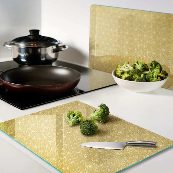 Planche à découper en verre Fleur de vie sur fond jaune