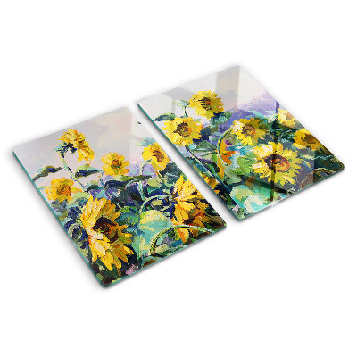 Planche à découper en verre Tournesols dans le jardin