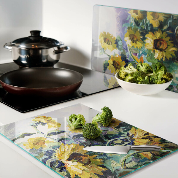 Planche à découper en verre Tournesols dans le jardin