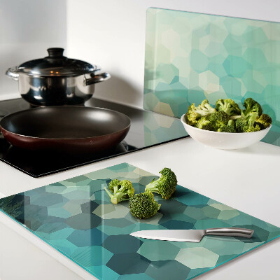 Planche à découper en verre Hexagones géométriques dans des tons de bleu