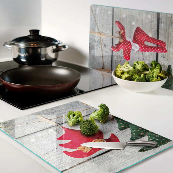 Planche à découper verre Décorations de Noël sur fond de bois