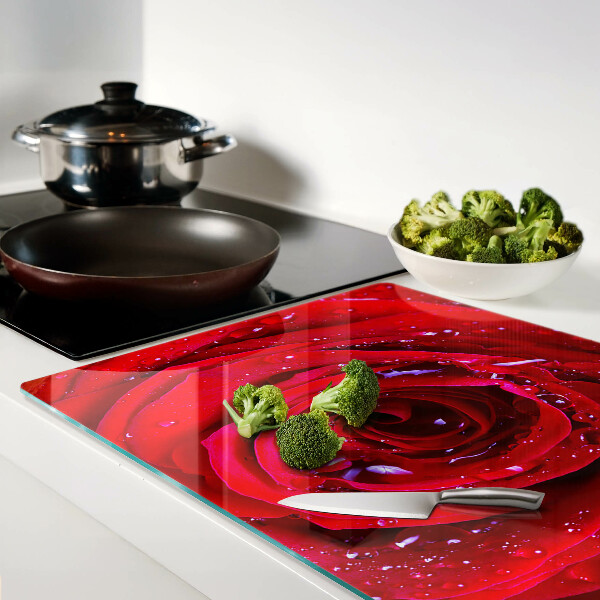 Planche à découper en verre Rose rouge avec des gouttes d'eau