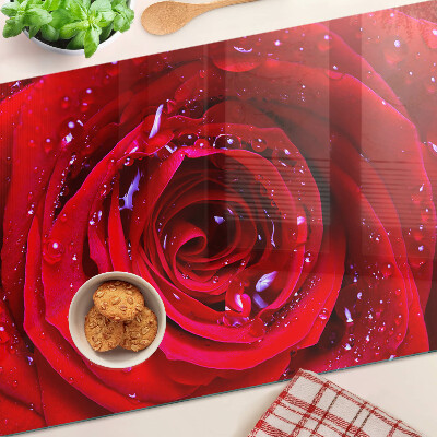 Planche à découper en verre Rose rouge avec des gouttes d'eau