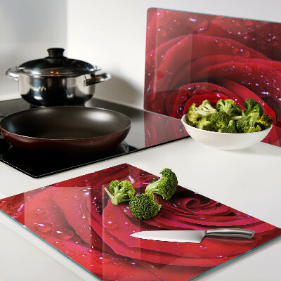 Planche à découper en verre Rose rouge avec des gouttes d'eau