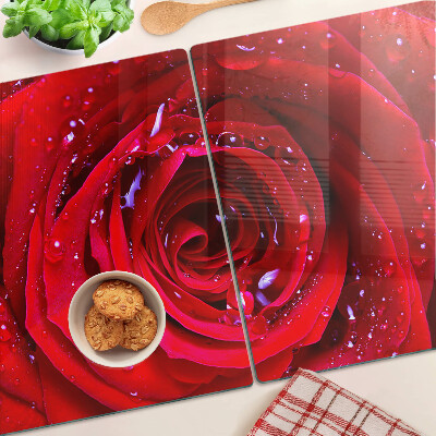 Planche à découper en verre Rose rouge avec des gouttes d'eau