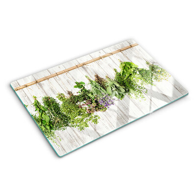 Planche à découper en verre Herbes sur fond de bois