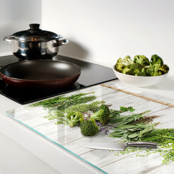 Planche à découper en verre Herbes sur fond de bois