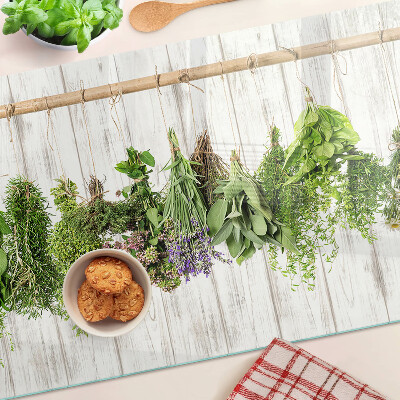 Planche à découper en verre Herbes sur fond de bois