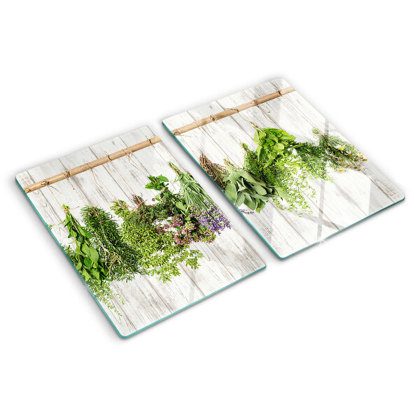 Planche à découper en verre Herbes sur fond de bois