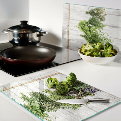 Planche à découper en verre Herbes sur fond de bois