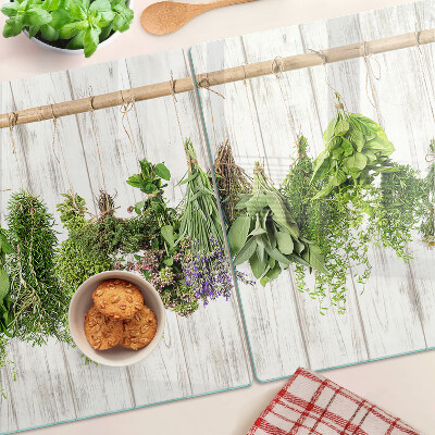 Planche à découper en verre Herbes sur fond de bois