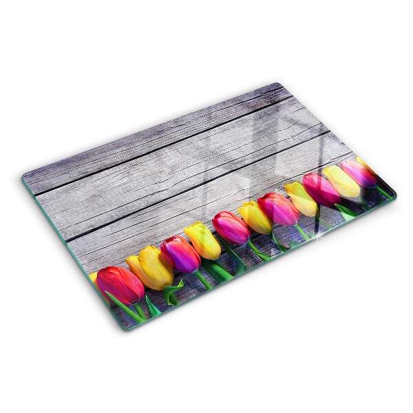 Planche à découper verre Tulipes sur fond de bois