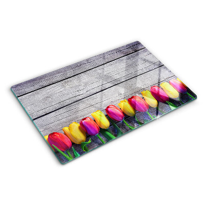 Planche à découper verre Tulipes sur fond de bois