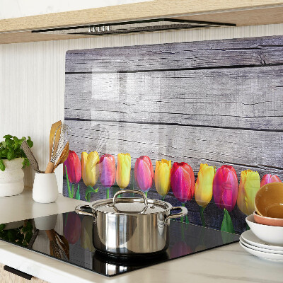 Planche à découper verre Tulipes sur fond de bois