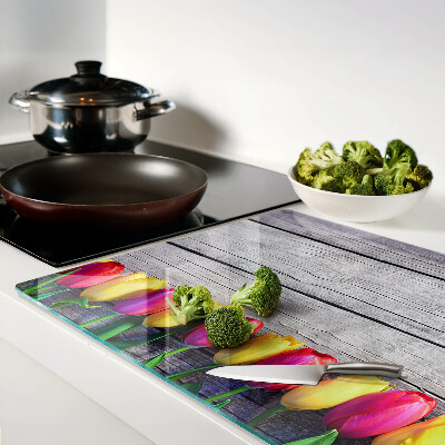 Planche à découper verre Tulipes sur fond de bois