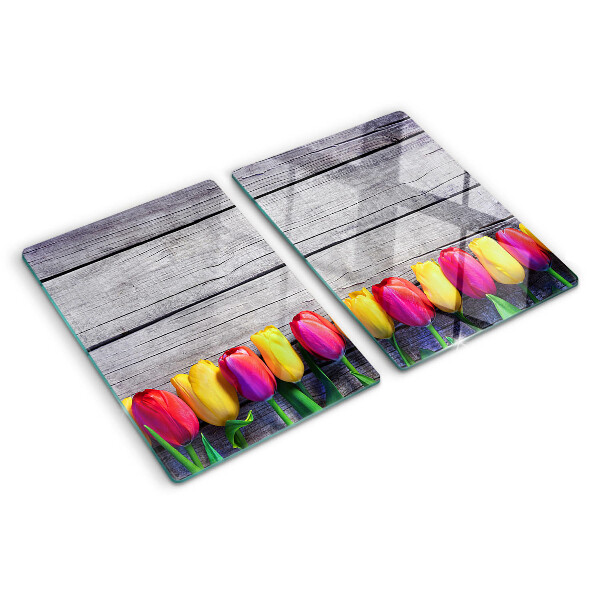 Planche à découper verre Tulipes sur fond de bois